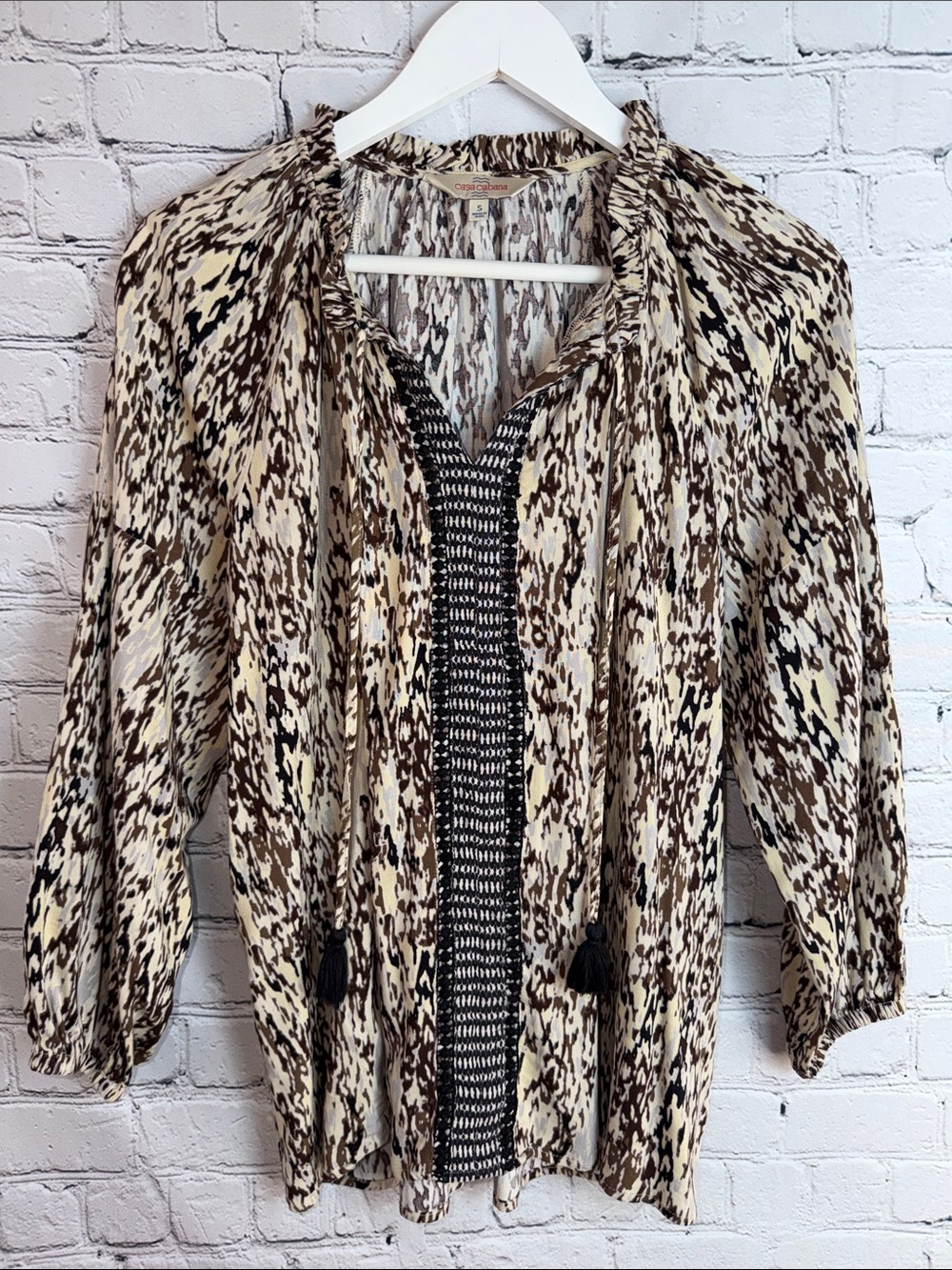 CASA CABANA Boho Peasant Blouse Brown Cream Print Tassel Tie Top S